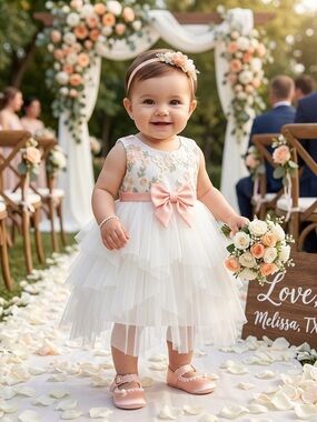 American Princess White Dress with Pink and Green Floral Embroidery